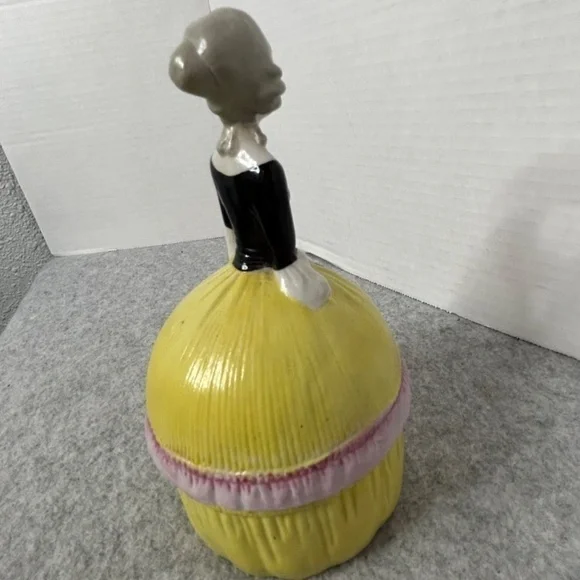 Vintage Half Doll Yellow Dress Powder Trinket Porcelain Box 3.5x6” No Flaws